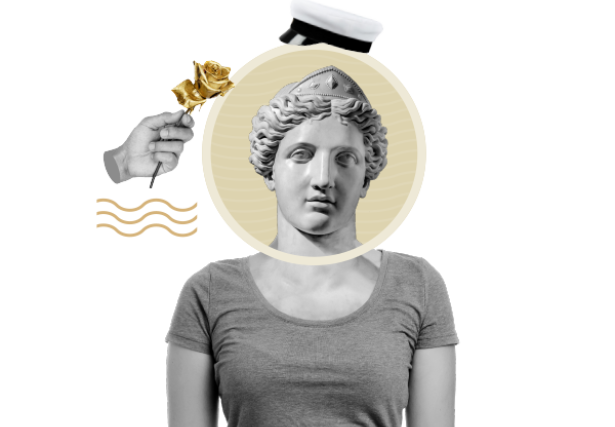 Athene-figur, en studentmössa och en gyllene ros.
