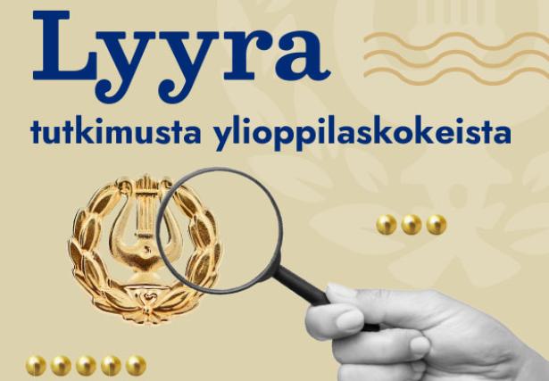 Kuva lyyrasta ja suurennuslasiasta sekä teksti Lyyra - tutkimusta ylioppilaskokeista.