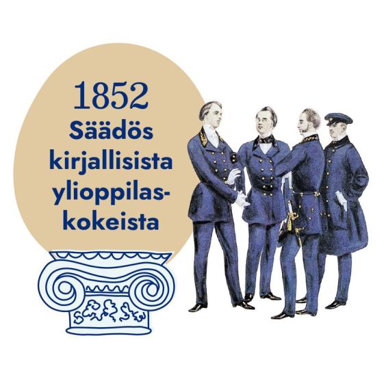 Piirroskuva vanhoihin asuihin pukeutuneista miehistä. Teksti: 1852 säädös kirjallisista ylioppilaskokeista