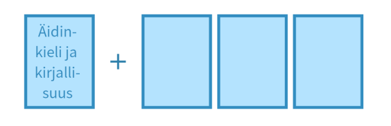 Vasemmassa laatikossa äidinkieli ja kirjallisuus, sitten plusmerkin jälkeen kolme tyhjä, valinnaisuutta kuvaavaa laatikkoa.