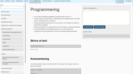 Skärmbild från cheat.abitti.fi, programmering.