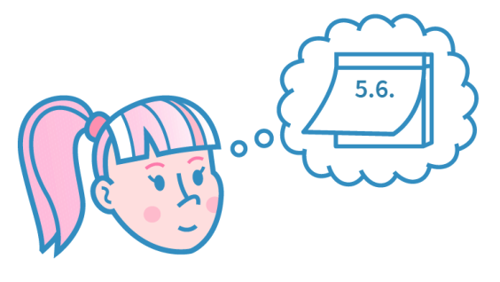 Piirroskuvassa ihmishahmo ja ajatuskuplassa päivämäärä 5.6.
