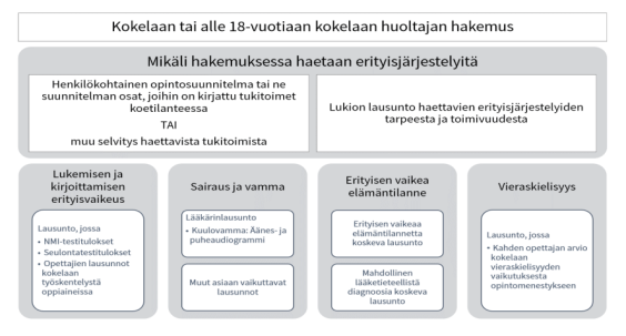 Osat, joista hakemus koesuoritusta heikentävän syyn ottamisesta huomioon ylioppilastutkinnossa koostuu.