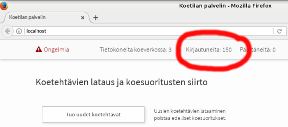 Kuvankaappaus koetilan palvelimesta, jossa näkyy kirjautuneiden käyttäjien määrä.