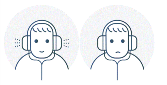 Kuva, jossa kaksi ihmistä kuulokkeet päässä. Vasemmalla puolella suupielet ylöspäin, oikealla alaspäin.