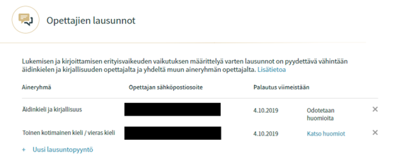 Kuvakaappaus opettajien lausunnot -välilehdeltä.