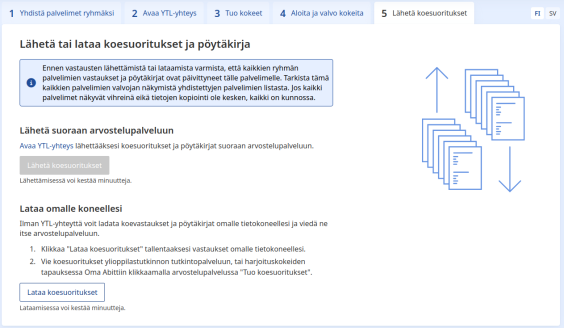 Lähetä tai lataa koesuoritukset ja pöytäkirja