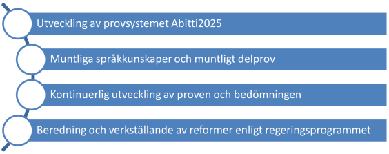 Utveckling av provsystemet Abitti 2025, muntliga språkkunskaper och muntligt delprov, kontinuerlig utveckling av proven och bedömningen, beredning och verkställande av reformer enlight regeringsprogrammet.