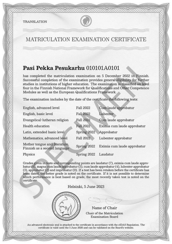 Specimen of a Matriculation Examination Certificate