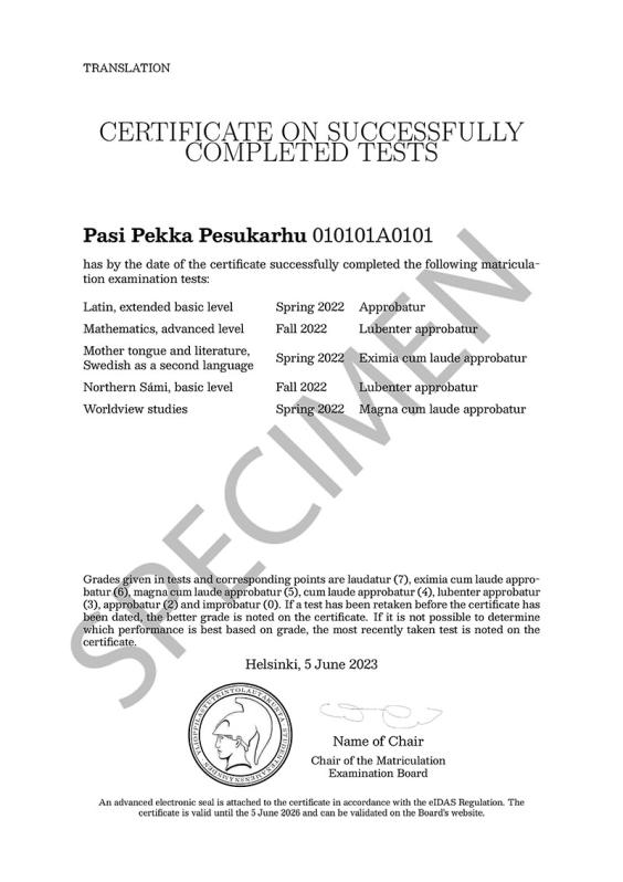 Specimen of a Certificate on Successfully Completed Tests