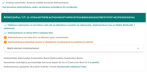 Kuvakaappaus DVV:n palvelusta, jossa digitaalisen todistuksen aitouden voi todentaa.