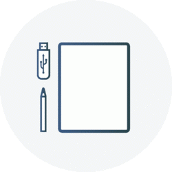 Illustration av en usb-minne, ett papper och en penna.