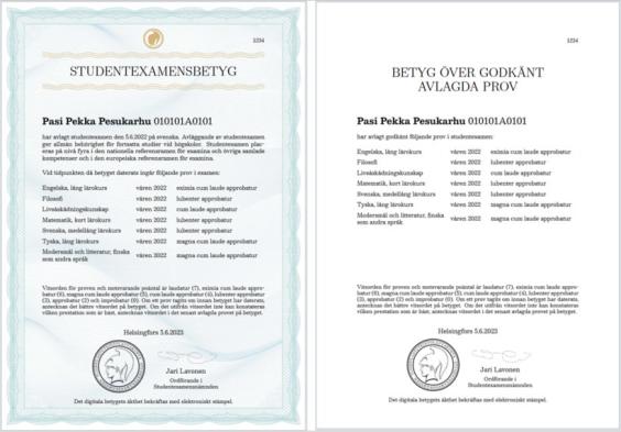Finnish Certificate of the Matricularion Examination and the Certificate of Approved Grades.