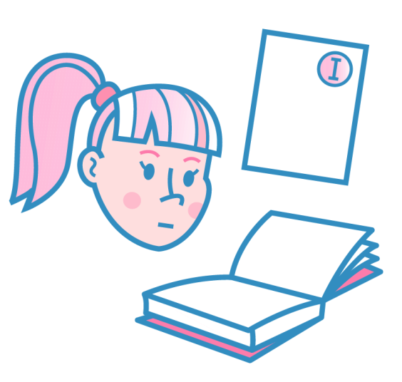 En illustration av en flicka som läser och ett underkänt betyg.