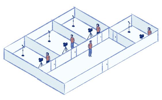 En skissartad bild av fyra inspelningsrum och ett förberedelserum.