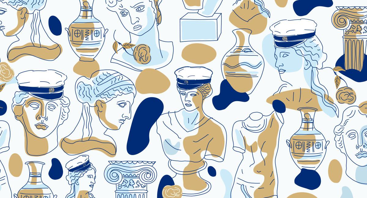 Illustration av människor med studentmössar och arkaiska saker.