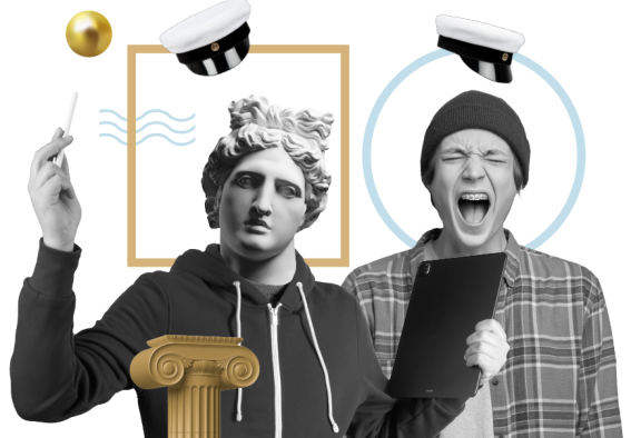 Apollo ja ihmishahmo ylioppilaslakkeineen.