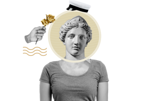 Athene-figur, en studentmössa och en gyllene ros.