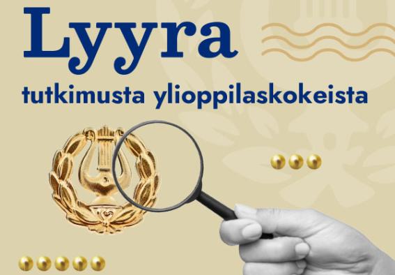 Kuva lyyrasta ja suurennuslasiasta sekä teksti Lyyra - tutkimusta ylioppilaskokeista.
