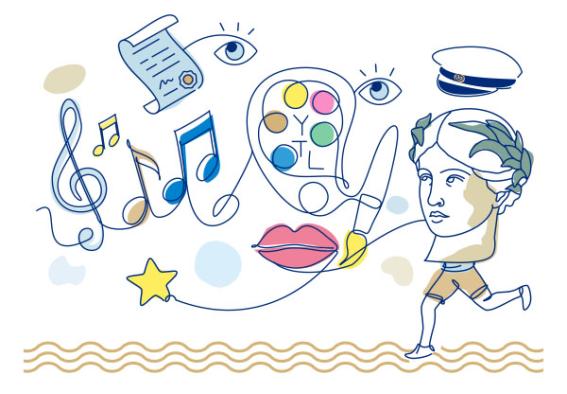 Illustration av några elementer i musik, bildkonst, gymnastik och studentexamen.
