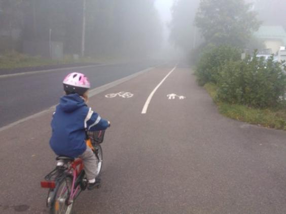 Esikouluikäinen lapsi ajaa polkupyörällä sumuisella tiellä.