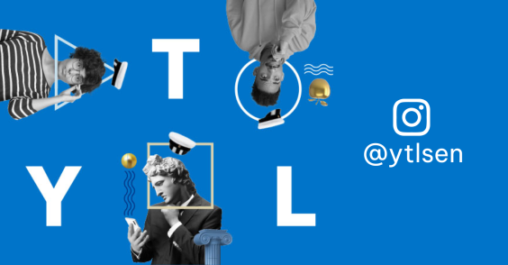 I bilden finns det bokstäver Y, T och L, Apollo och två studenter, Instagram logo och användarnamnet @ytlsen