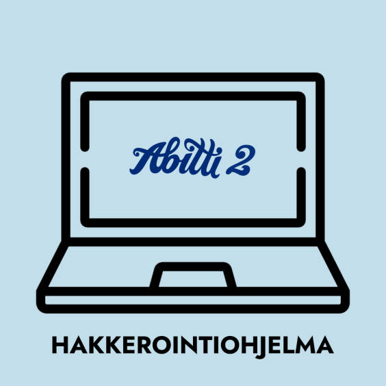 Tietokone, jonka sisällä teksti Abitti 2 ja alapuolella hakkerointi.