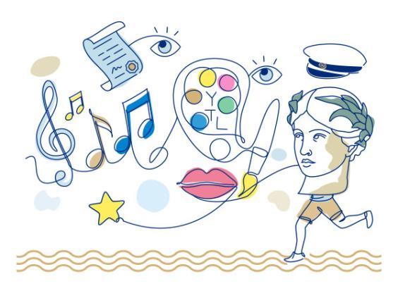 Kuvallisia elementteja musiikista, liikunnasta, kuvataiteesta ja ylioppilastutkinnosta.