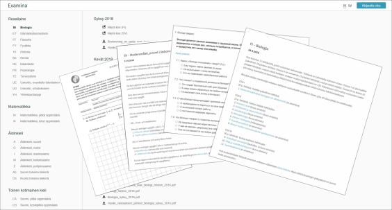 Examina-palvelun etusivu, jonka päässä neljä erilaista koetta.